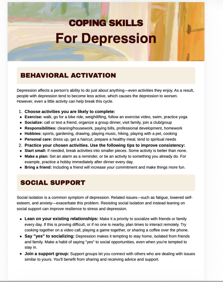 COPING SKILLS For Depression free worksheet