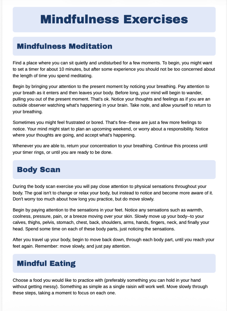 Mindfulness Exercises free worksheet
