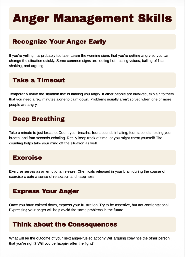 Anger Management Skills free worksheet