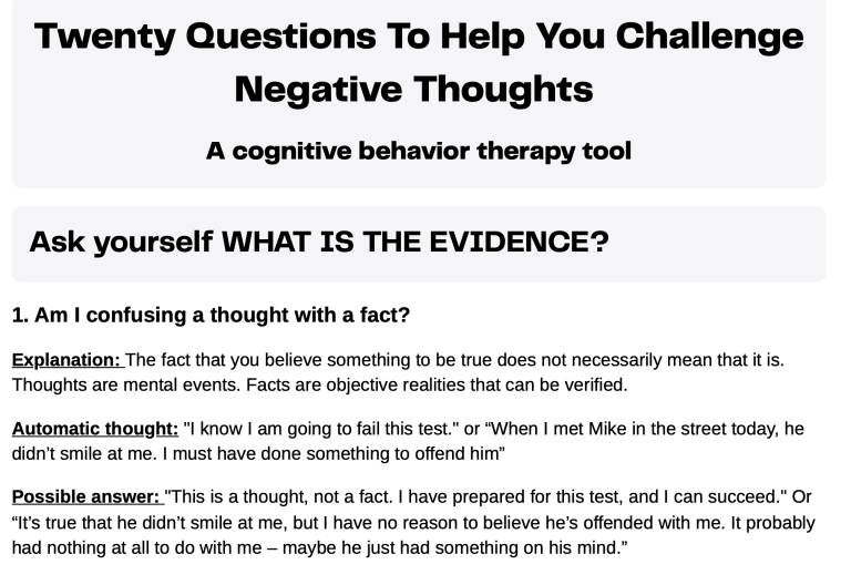 CBT Tool challenge negative thoughts