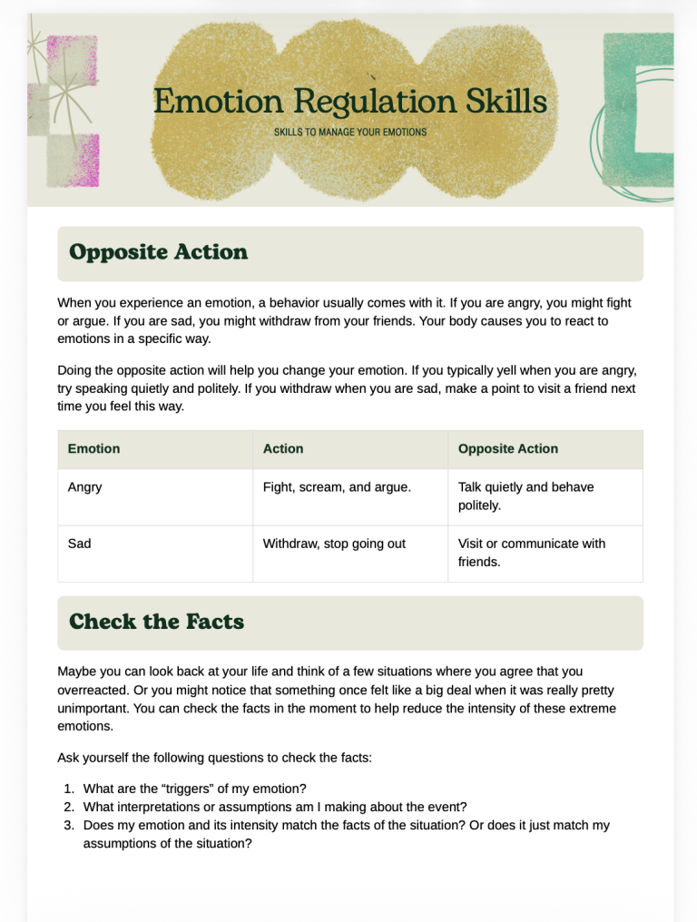Emotion Regulation Skills free worksheet