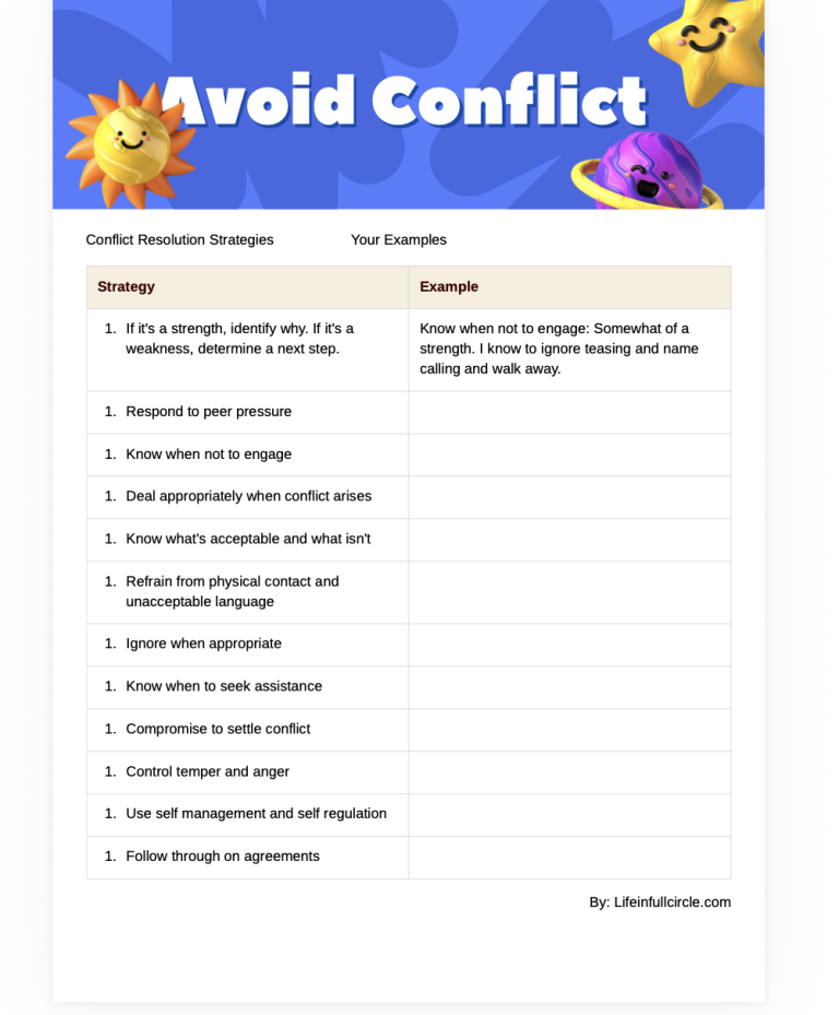Avoid conflict worksheet for kids